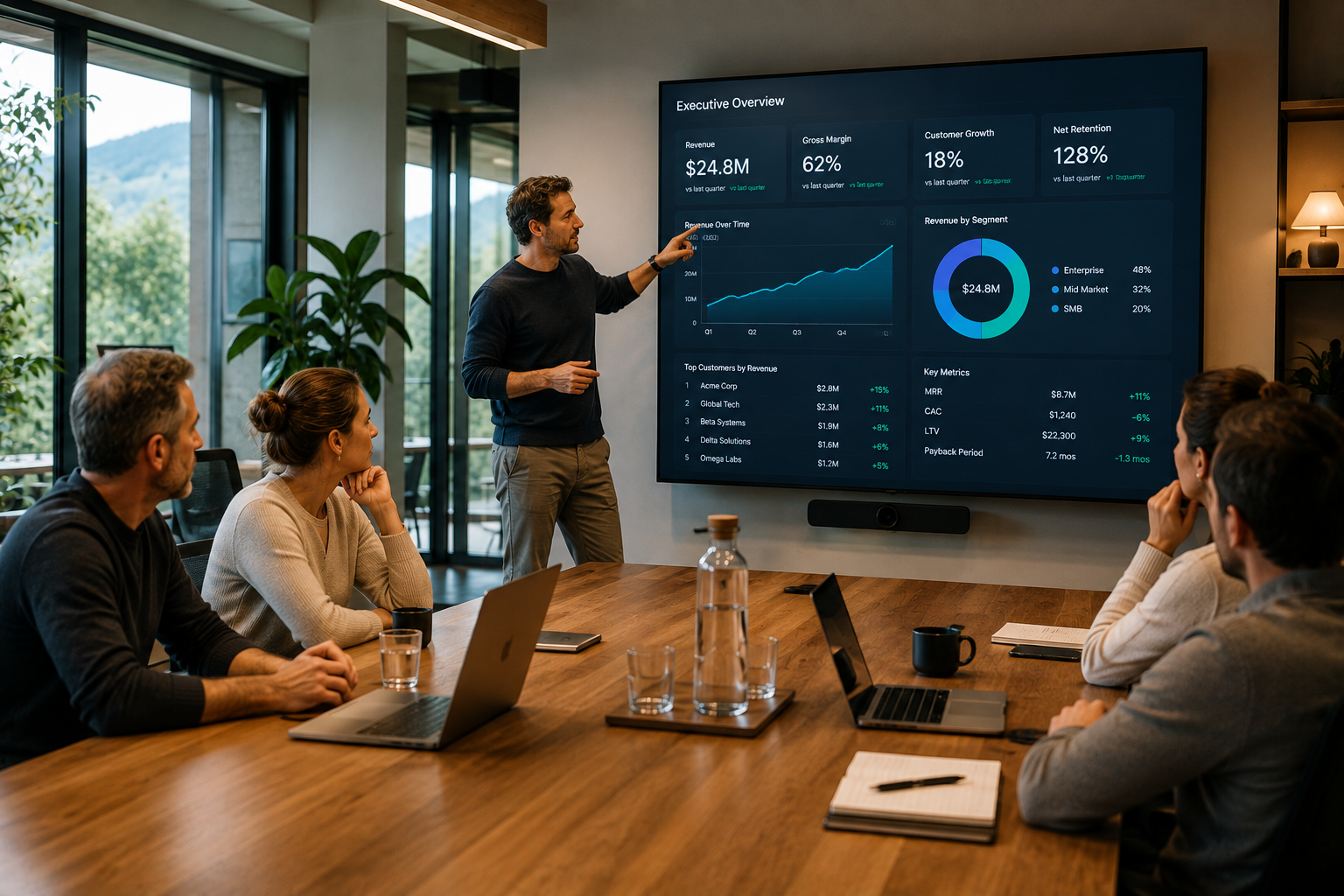 Strategist presenting a revenue and margin dashboard to the client team